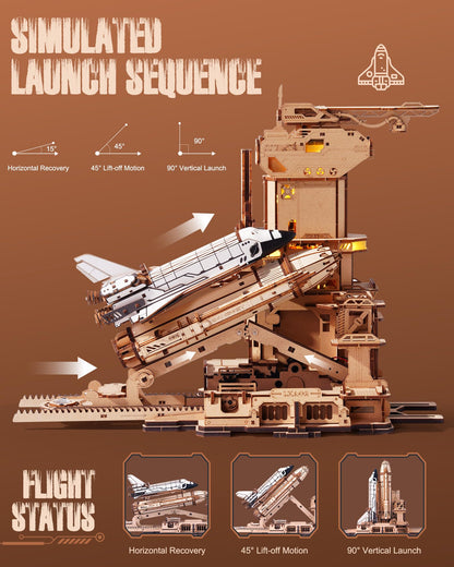 ROBOTIME 3D Space Shuttle Wooden Puzzle for Adults, Dynamic Rocket Launch Model Building Kits with Lights, AS Home Desktop Decoration for Men Gifts (446 Pieces,8 Hours Finished)
