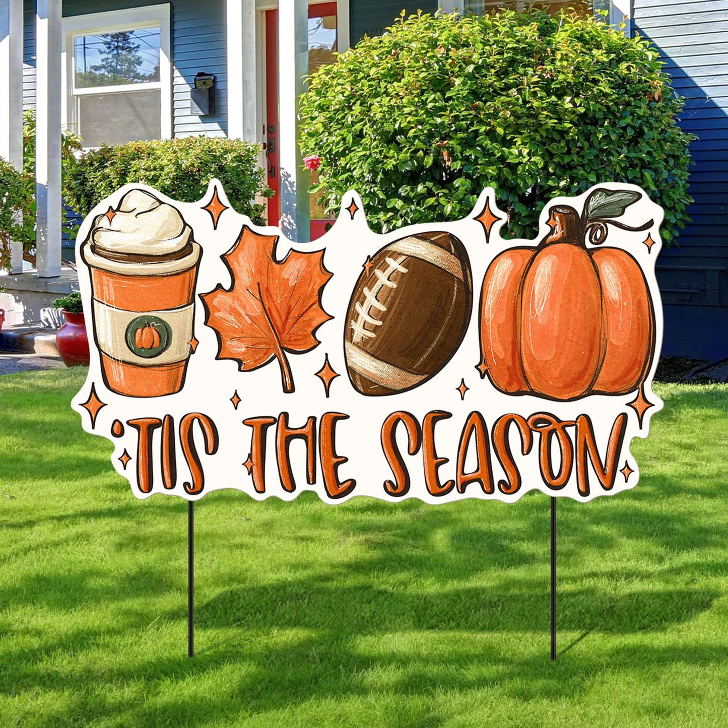 Shimeyao 24 Inch Fall Garden Stakes Outdoor Tis The Season Sign Fall Football Metal Yard Sign, Front Door Decor Signs for Thanksgiving Decorations Autumn Harvest Patio Lawn Walkway