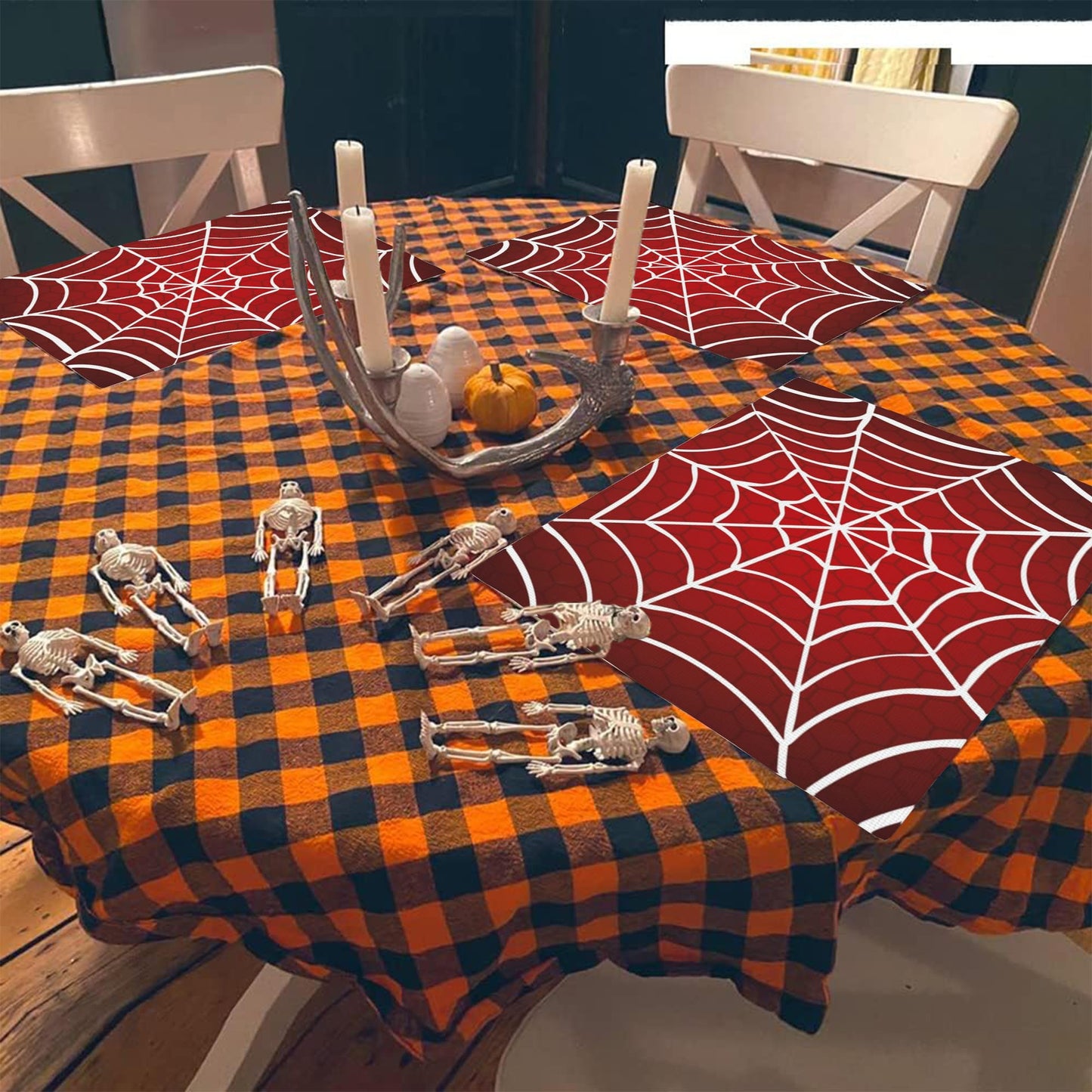 Halloween Red Cobweb Placemats Set of 4, Placemats Dining Table Mat Set,12x18 Washable Stain Resistant Wipeable Cloth Placemat for Kitchen Buffet Parties
