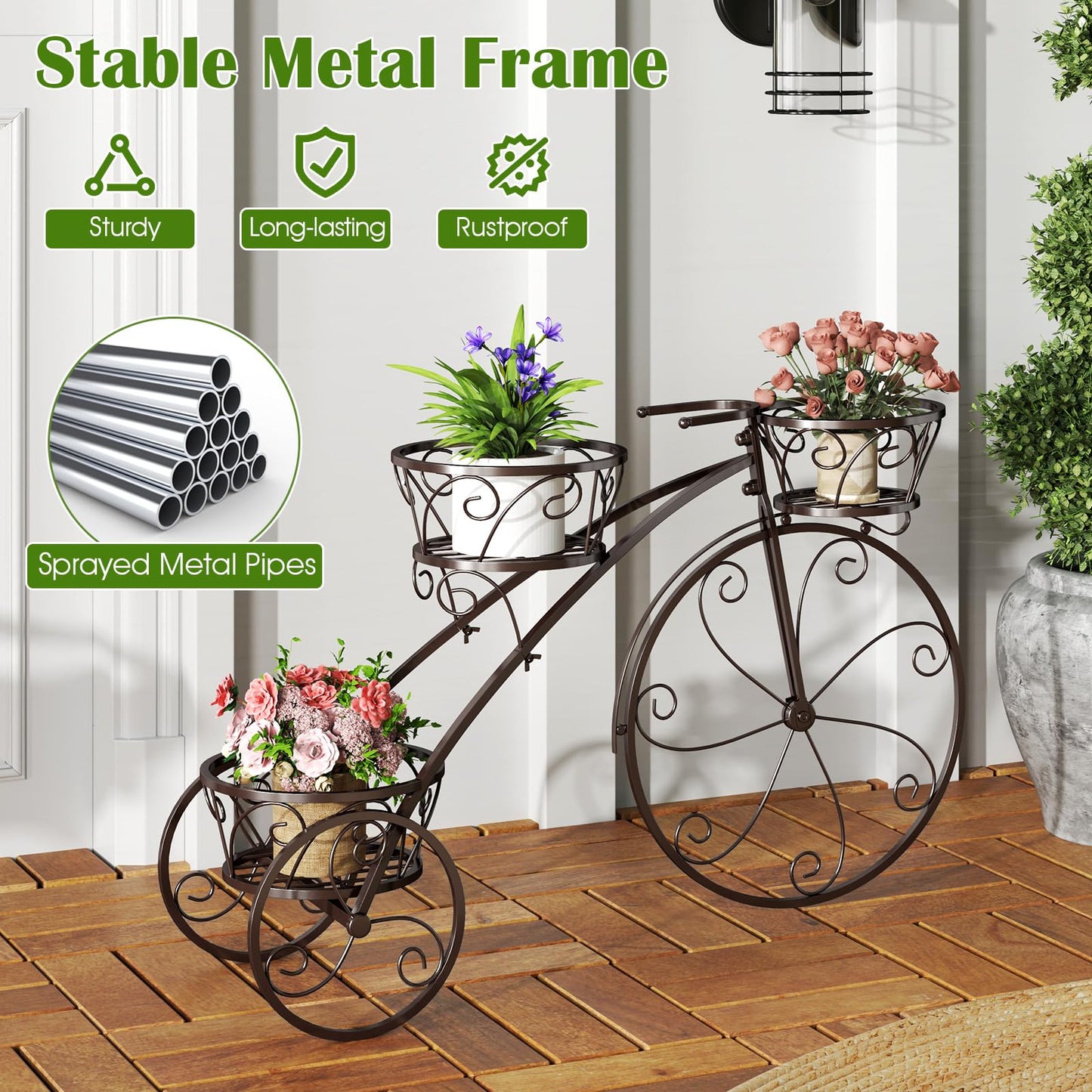 Toolsempire Tricycle Plant Stand, 3-Tier Metal Plant Stand Bicycle Flower Pot Cart with Hollowed Baskets, Planter Potted Holder for Patio, Garden, Deck, Lawn (Bronze)