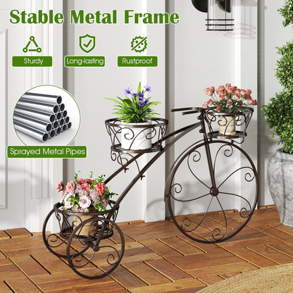Toolsempire Tricycle Plant Stand, 3-Tier Metal Plant Stand Bicycle Flower Pot Cart with Hollowed Baskets, Planter Potted Holder for Patio, Garden, Deck, Lawn (Bronze)