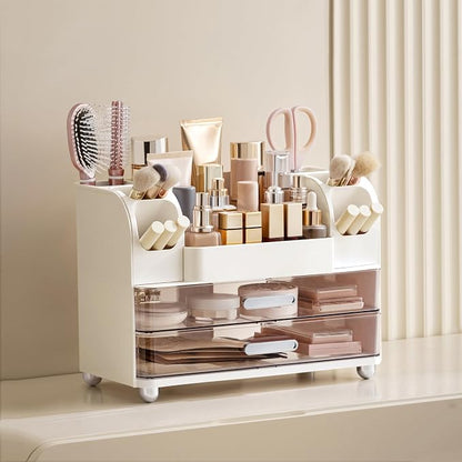 HBlife Makeup Organizer for Vanity with Brush Holder, Large Bathroom Countertop Cosmetic Organizer Skin Care Storage, Easy to Store Lipsticks, Nail Polishes, Perfumes, Eyeshadow Palettes, White