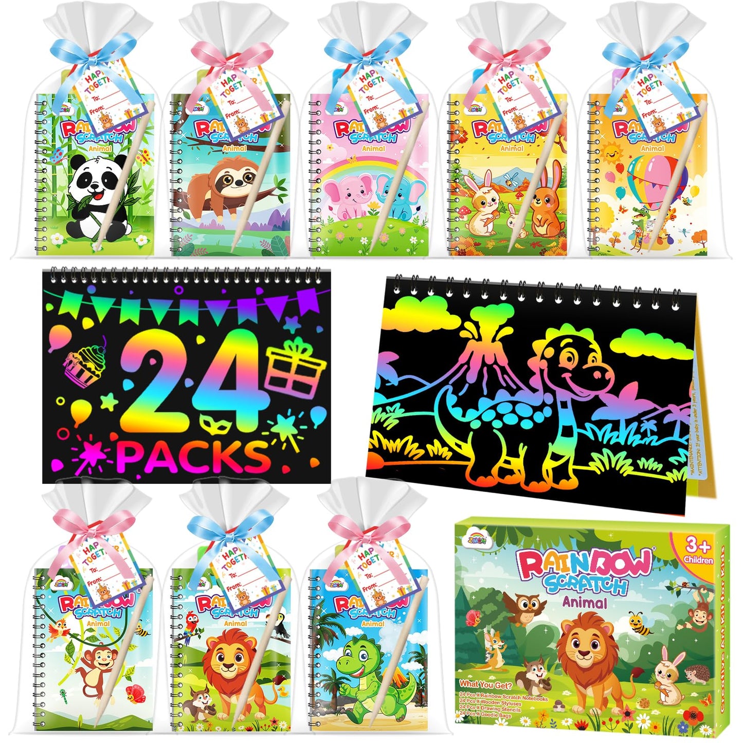 ZMLM 24 Pack Rainbow Scratch Art Party Favors for Kids 4-8 - Mess-Free Birthday Goodie Bags Stuffers, Classroom Prizes Grades 1–3 Creative Paper Notebooks for Pre-K Kindergarten Gifts (Animal, 24)