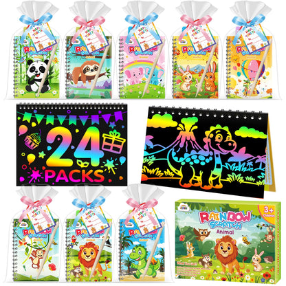 ZMLM 24 Pack Rainbow Scratch Art Party Favors for Kids 4-8 - Mess-Free Birthday Goodie Bags Stuffers, Classroom Prizes Grades 1–3 Creative Paper Notebooks for Pre-K Kindergarten Gifts (Animal, 24)