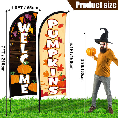 Buryeah 2 Sets Fall Pumpkin Feather Flags with Poles 7ft Thanksgiving Swoop Flags with Portable Bag Festival Signs Banner for Outdoor Halloween Holidays Decorations Businesses Advertising Outside