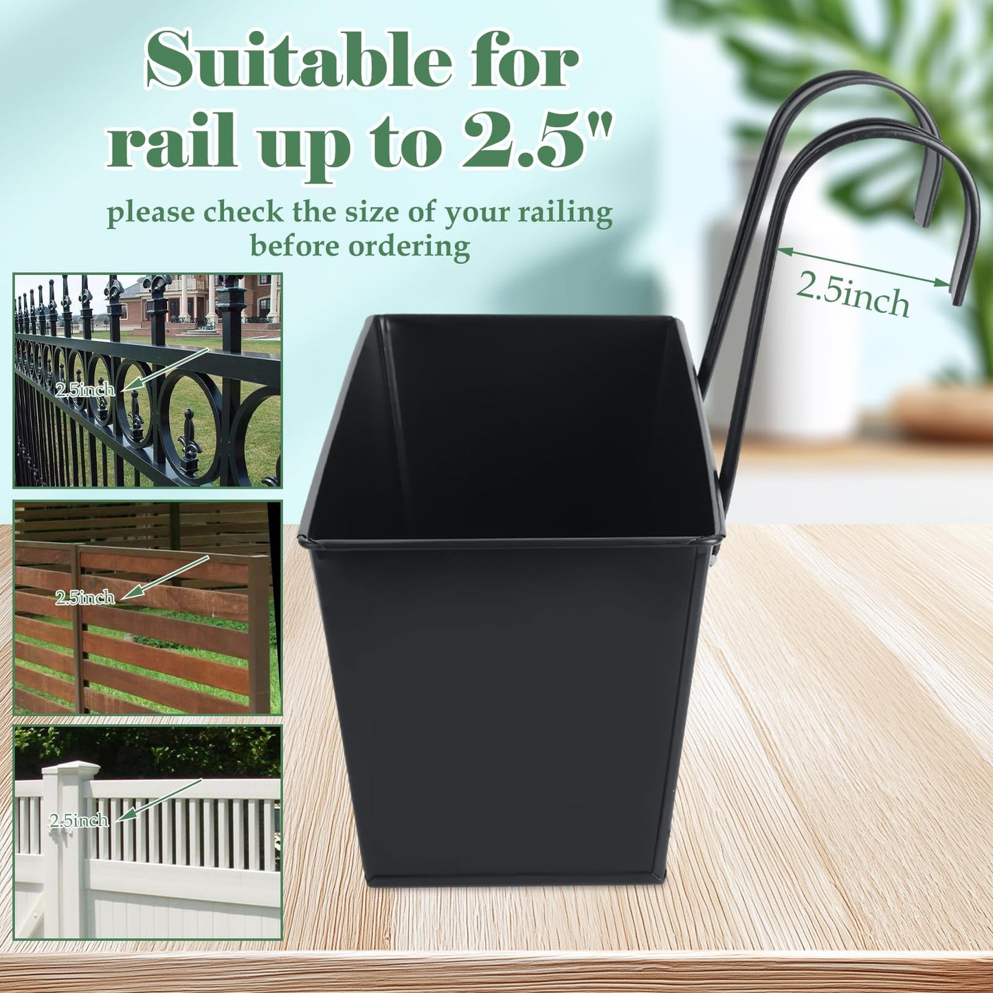 YAYODS 4 Pack Metal Railing Planter Box for Outdoor 16 Inch Hanging Flower Pots for Railing Fence, Deck Hanging Balcony Planters for Garden, Porch, Window (Black)