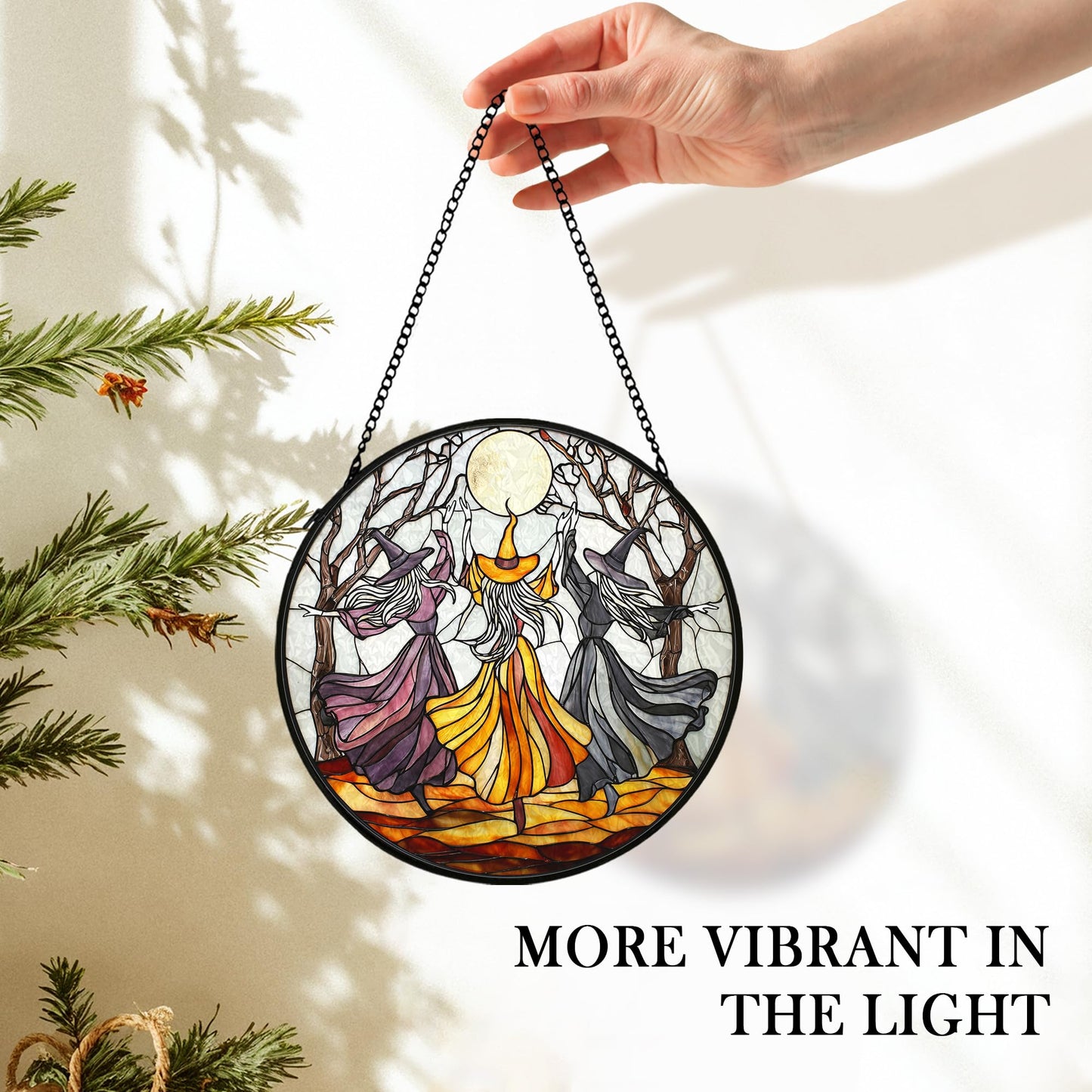 cvjutf Witchy Halloween Suncatcher Stained Glass Window Hanging Decor Aesthetic, Gothic Stained Glass Wall Decor, Witch Dark Academia Garden Sun Catchers Window Hanging Wall Art,Witchy Gifts,7.9x7.9In