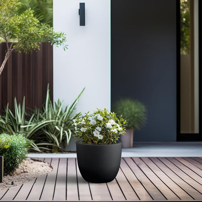 Kante 14 Inch Dia Round Concrete Planter, Indoor Outdoor Large Plant Pot with Drainage Hole and Rubber Plug for Home Patio Garden, Black