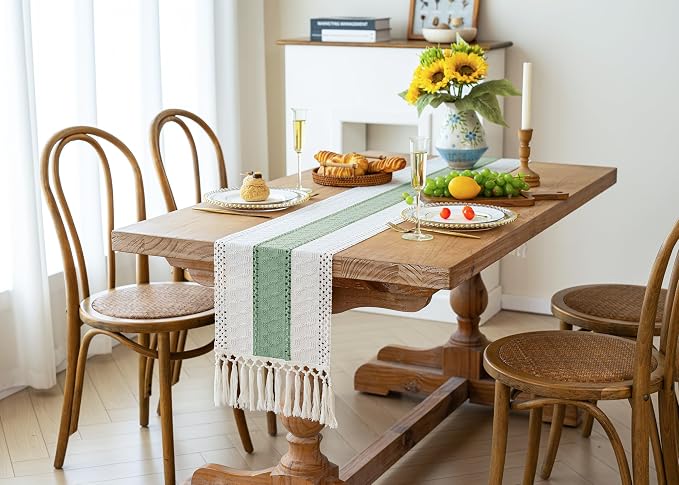FEXIA Sage Green Table Runner 60 Inches Long with Tassels Boho for Summer Home Decor Rustic Macrame Farmhouse Table Cover for Wedding Party Bohemian Bridal Shower Dining Decorations(12x60 Inches)
