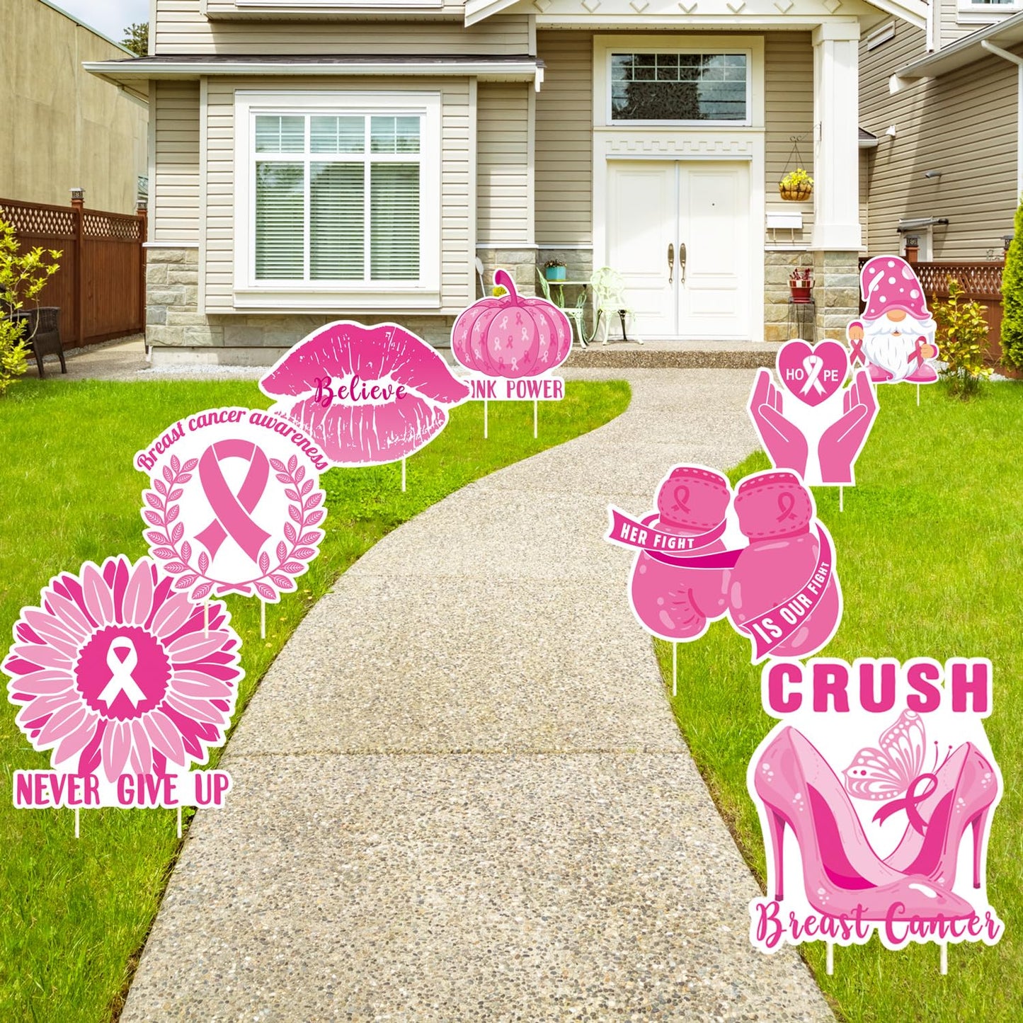 Breast Cancer Awareness Yard Signs with Stakes for Lawn Including Pink Ribbon, Pumpkin, gnome, Gloves Sign for Outdoor Yard Decor Breast Cancer Awareness Party 8pcs