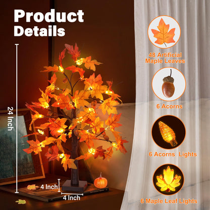 2 Pack 24 Inch Fall Maple Tree Fall Thanksgiving Decorations with Lights Lighted Artificial Tree with Pumpkin Acorn Maple Thanksgiving Table Decoration Centerpieces Indoor Friendsgiving Decor for Home
