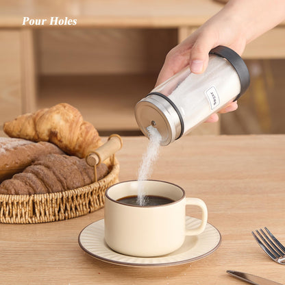 Rekidool 8 oz Glass Sugar Shaker with Stainless Steel Rotating Cover - 3 Adjustable Outlet Holes Holes for Precise Dispensing, Kitchen & Coffee Bar Essential for Coffee, Tea, Baking, 2 Count