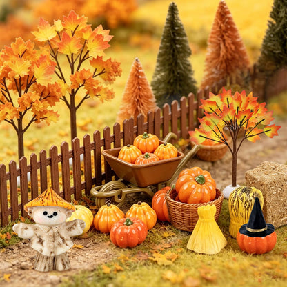 33 PCS Mini Fall Figurines Thanksgiving Resin Figurines Autumn Tiny Resin Farm Miniature Include Trees Pumpkins Scarecrow Wheelbarrow Ears of Wheat Basket Fence for Harvest Home Table Decorations