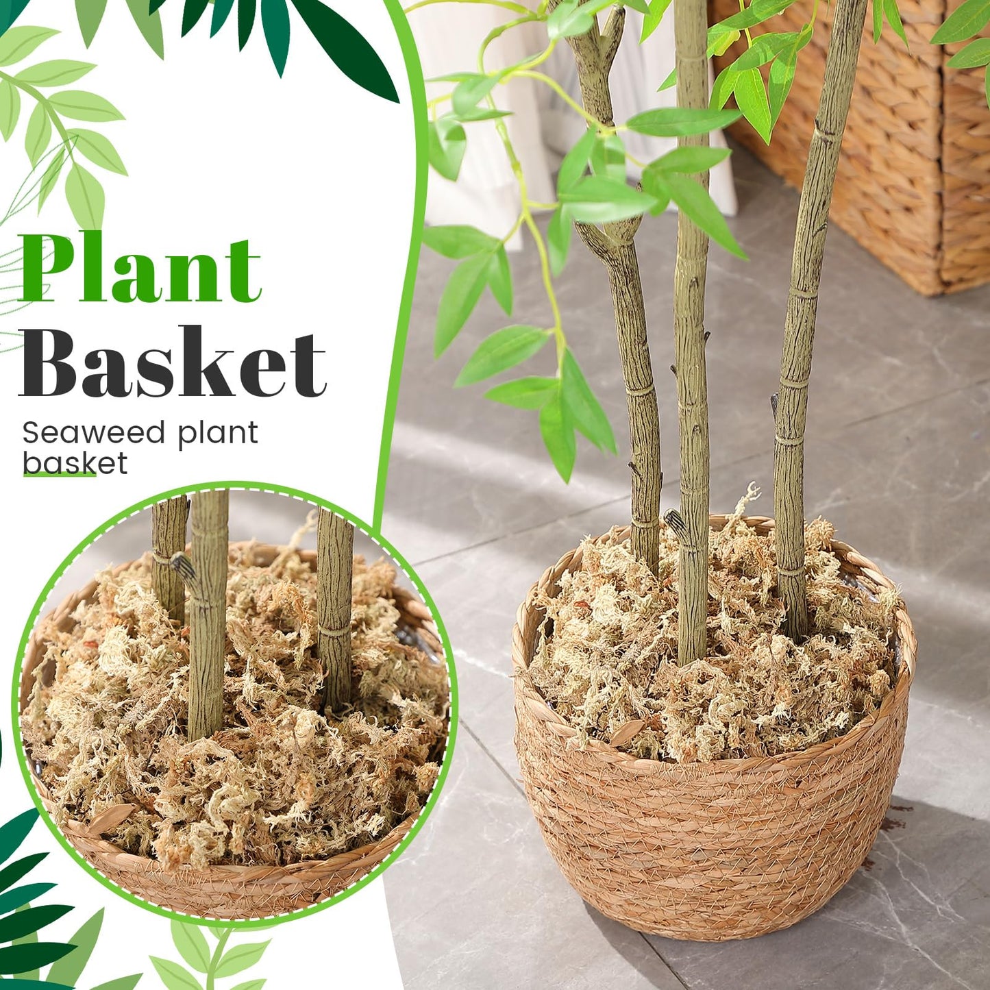 Knitgrip 3 Pack Seagrass Plant Basket Indoor with Artificial Moss 3 Sizes Woven Baskets Flower Pots Planters for Home Decor