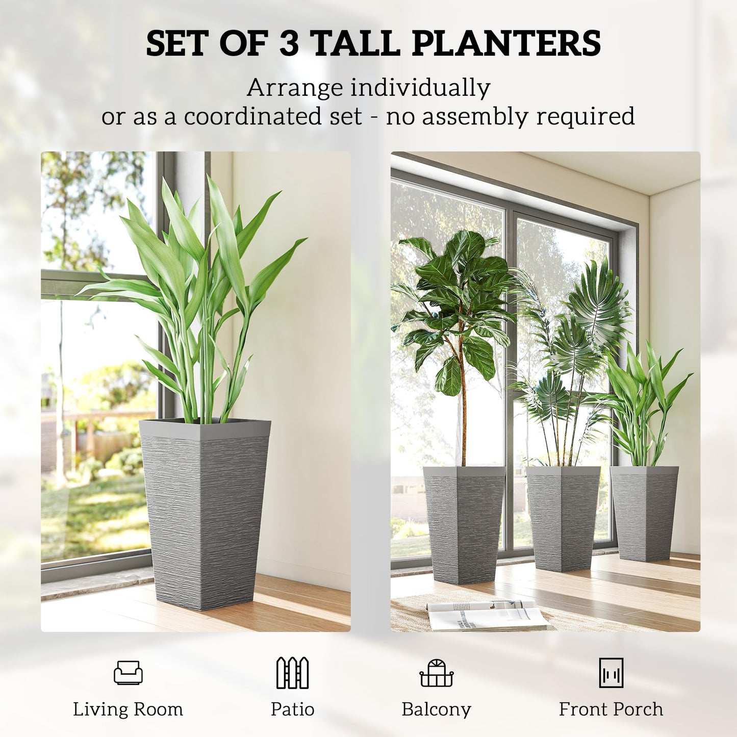 Outsunny 22.8 Inch Tall Planters for Outdoor Plants, Set of 3 Plastic Flower Pots with Stone Finish and Wheels, Stackable Tapered Planters with Drainage Hole for Indoor Plants, Front Porch, Gray