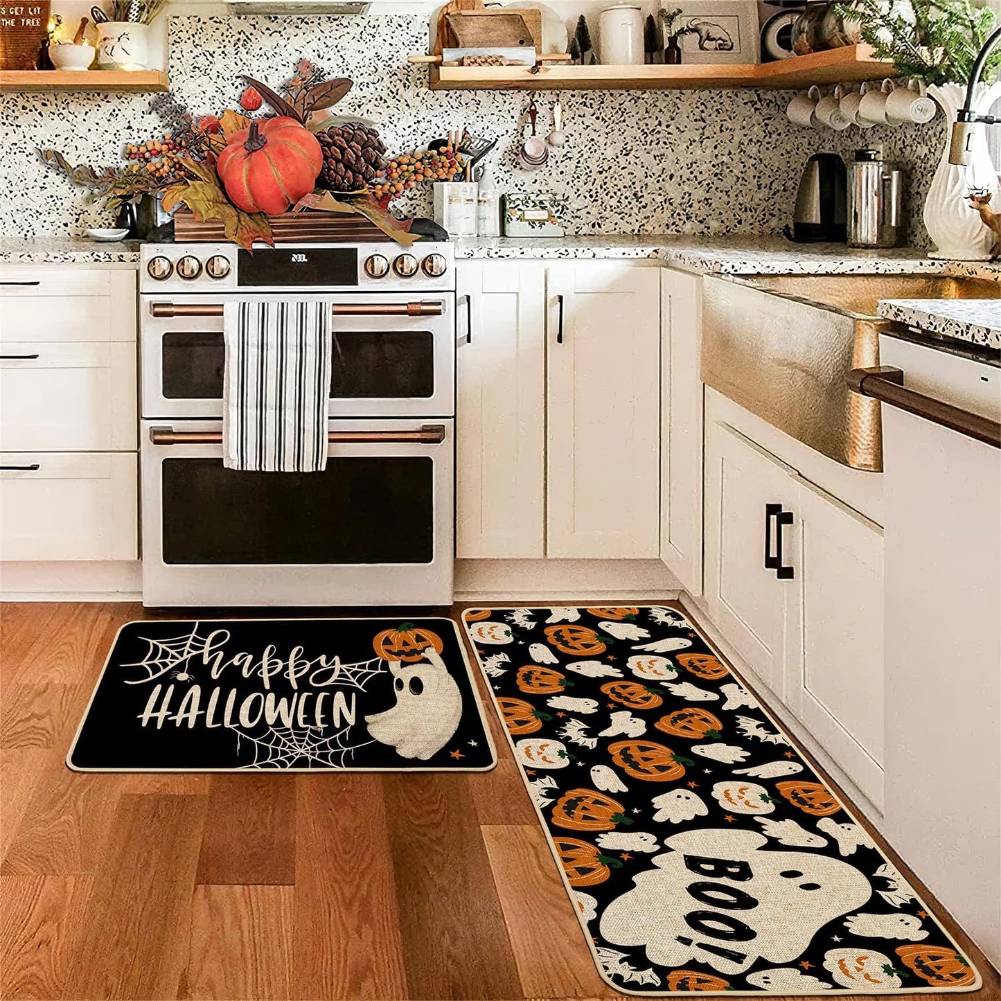 Baccessor Happy Halloween Kitchen Rugs Set of 2, Ghost Pumpkin Kitchen Mats for Floor Hallway Laundry Sink Low-Profile Halloween Holiday Home Decor 17x29 and 17x47 Inch