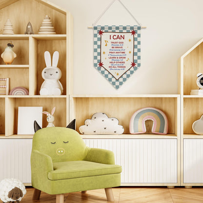 RUKUPA Christian Nursery Inspirational Wall Art Decor, Bible Verse Hanging Pennant Flag, Blue Checkered Religious Motivational Wall Art Poster Hanger for Home Bedroom Kids Room Decor, 11x15 Inch