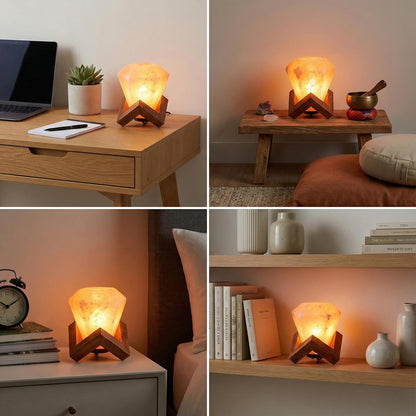 Himalayan Salt Lamp Diamond Shape – Hand-Carved Pink Rock Salt Light with Dimmer, Warm Mood Lighting for Bedroom, Home & Office – Wooden Base