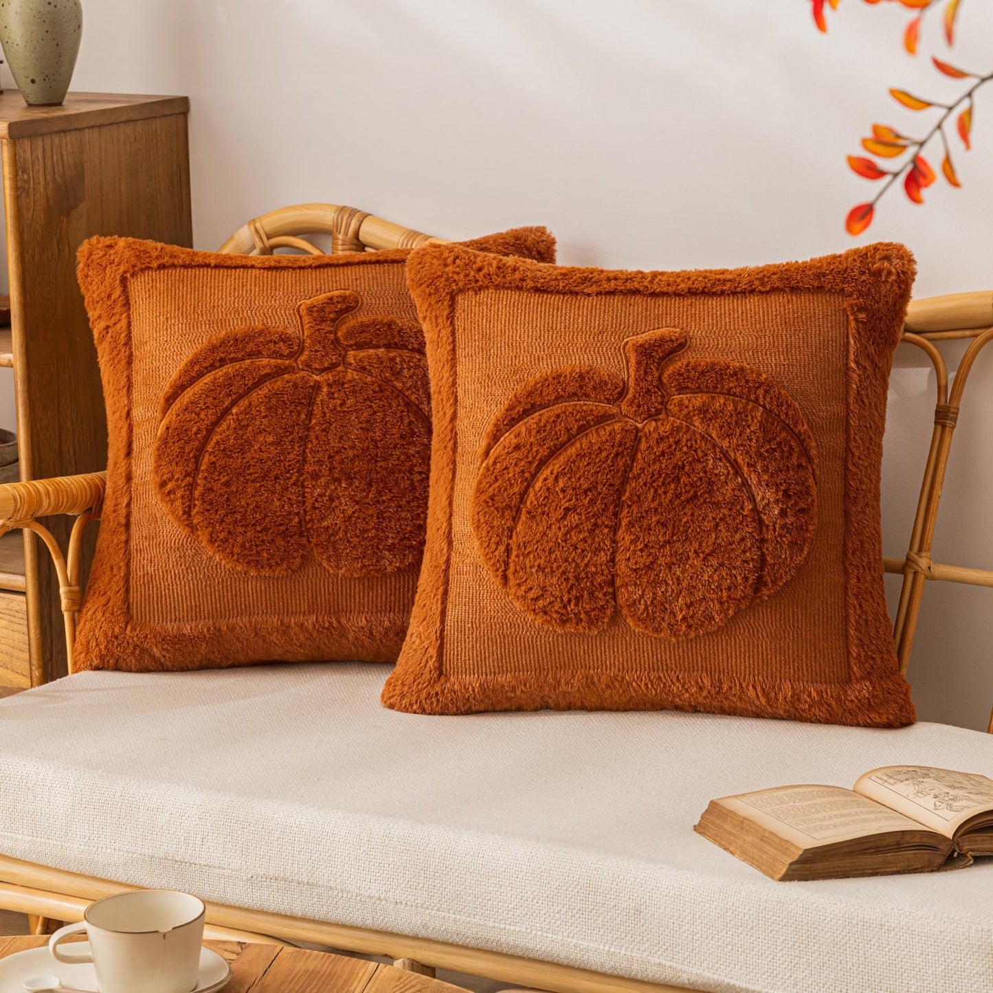 COSIBONO Rust Red Pumpkin Fall Throw Pillow Covers 18x18, Set of 2 Cute Fall Halloween Pillow Cases for Sofa Autumn Decor Soft Faux Fur Farmhouse Cushion Covers for Thanksgiving Living Room Bedroom
