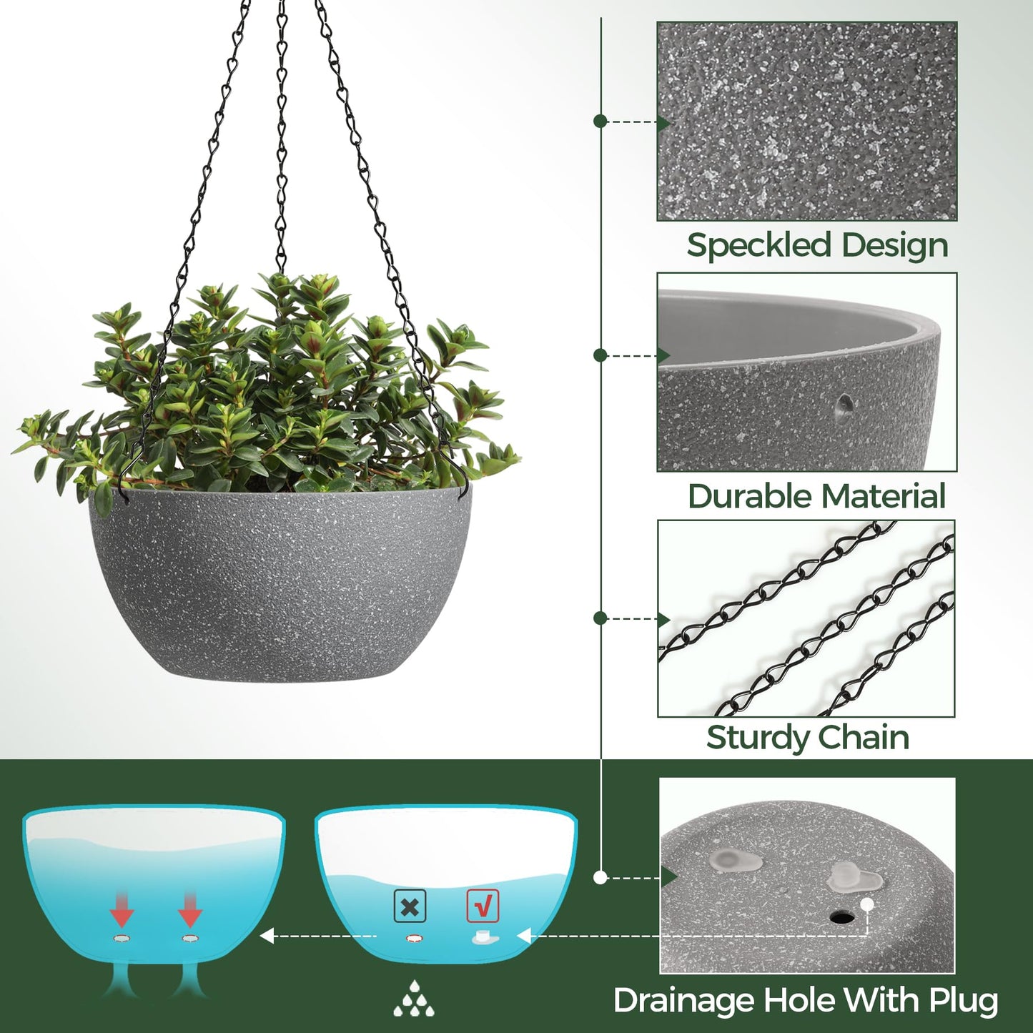 T4U 8 Inch Hanging Planters for Indoor Plants, 2 Pack Hanging Planter, Hanging Plant Pots with Drainage Holes and Chain, Hanging Basket Pots for Garden Home Porch Decor,Grey