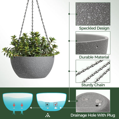T4U 8 Inch Hanging Planters for Indoor Plants, 2 Pack Hanging Planter, Hanging Plant Pots with Drainage Holes and Chain, Hanging Basket Pots for Garden Home Porch Decor,Grey