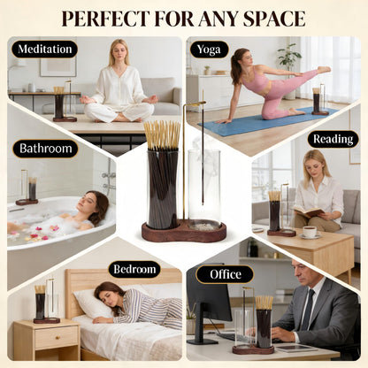 Glass Incense Holder for Sticks, 2-in-1 Incense Burner with Ash Catcher & Storage, Natural Wood Stick Holder for Meditation Yoga Zen Home Decor, Unique Spa Gift for Women
