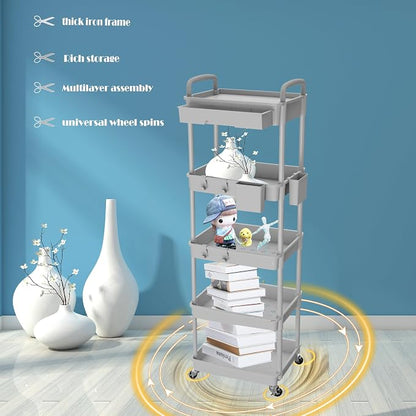 5 Tier Rolling Utility Cart with Drawer,REBECAT Utility Cart Made of Multifunctional Storage Organizer Tool for Kitchen,Bathroom,Living Room,Office(Gray)