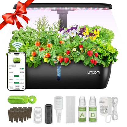 litokam Hydroponics Growing System Kit, 15-Pod Indoor Herb Garden Planter with 24W Grow Light & APP Control, Indoor Gardening System with 2 Grow Modes, Quiet Pump & 24H Timer