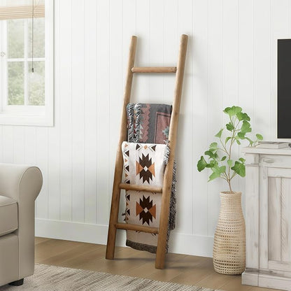 Wooden Blanket Ladder Natural & Motley Wood - Leaning Wall Decor for Bedroom, Bathroom, Living Room - Rustic Quilt Holder & Towel Rack (Natural Wood Color 57in, 57in | Fully Assembled)