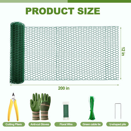 All-in-One 200 Inch Plant Protectors from Animals Kit - 0.85mm Heavy Duty Chicken Wire Cloche,Free-Cut Wire Mesh Roll Includes Pliers, Gloves, Ties, Stakes for Custom Outdoor Cages (12 * 200 Inch)