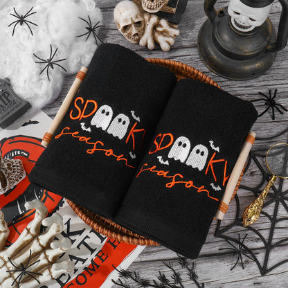 JarThenaAMCS 2Pcs Halloween Hand Towels Spooky Season Ghost Embroidered Cotton Bathroom Towel Soft Absorbent Decorative Dish Towels for Holiday Drying Cleaning Cooking