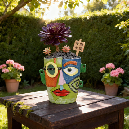 PlivBloom Abstract Face Planter Pot, Hand-Painted Resin Flower Pot with Top Opening for Planting, Decorative Planter for Indoor Plants, Art Accent Flowerpot Decor