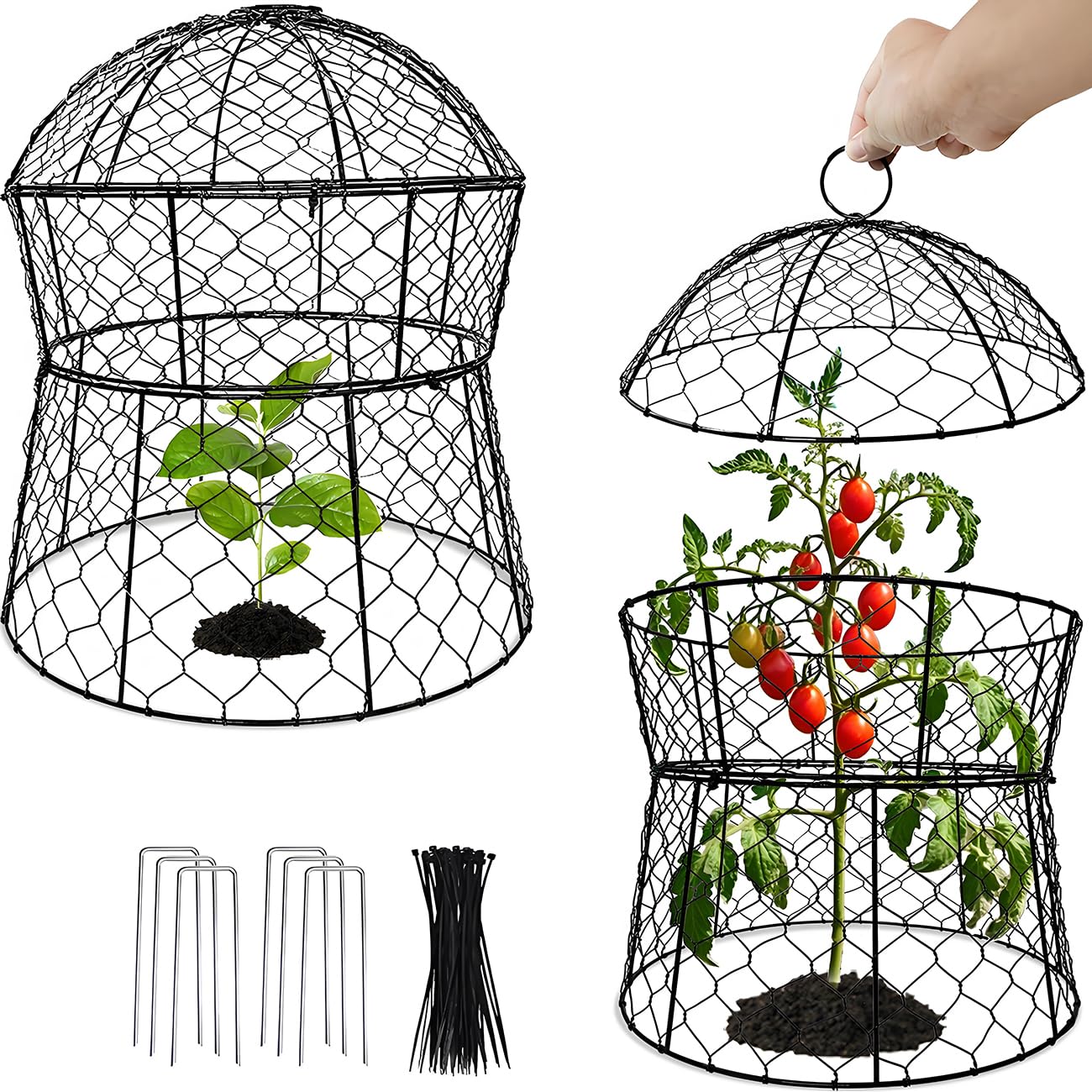 JAWULIJA Garden Cloches for Plants 2 Pack Metal Plant Protectors from Animals Chicken Wire Cloche Updated Plant Cages for Outdoor Plants Vegetables Seedlings 13" D x 14" H
