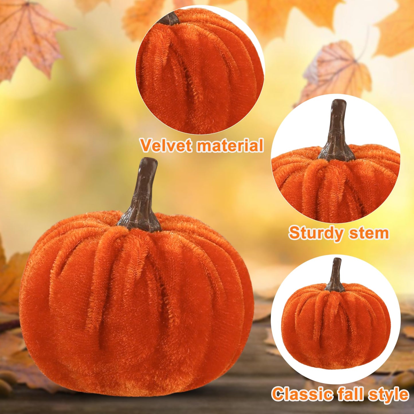 18 Pcs Fall Artificial Velvet Pumpkins Fake Fabric Pumpkin Faux Foam Pumpkins Orange Yellow White Artificial Pumpkin Decorations for Fall Harvest Thanksgiving Halloween Farmhouse Table Centerpiece