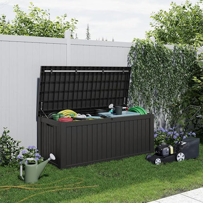 ROJIK Outdoor Storage Housing Deck Box - Waterproof Patio Furniture, Garden Tools, Cushions, Pool Accessories Storage Bench with Lockable Lid and Side Handles (Black 158 Gal)