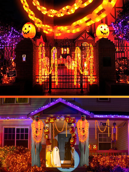 Flacchi Solar Halloween Decorations Outdoor String Lights - 10 Ft 160 LED Plastic Chain String Lights with Waterproof, 8 Lighting Modes Function US Patent Product (Orange)