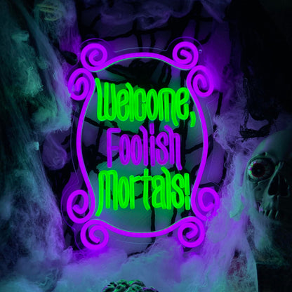 Welcome Foolish Mortals Neon Sign, Haunted Mansion Decor, Halloween Neon Signs for Wall Decor, Dimmable LED Spooky Gothic Coffin Neon Signs, Haunted Mansion Neon Sign for Halloween Party Man Cave