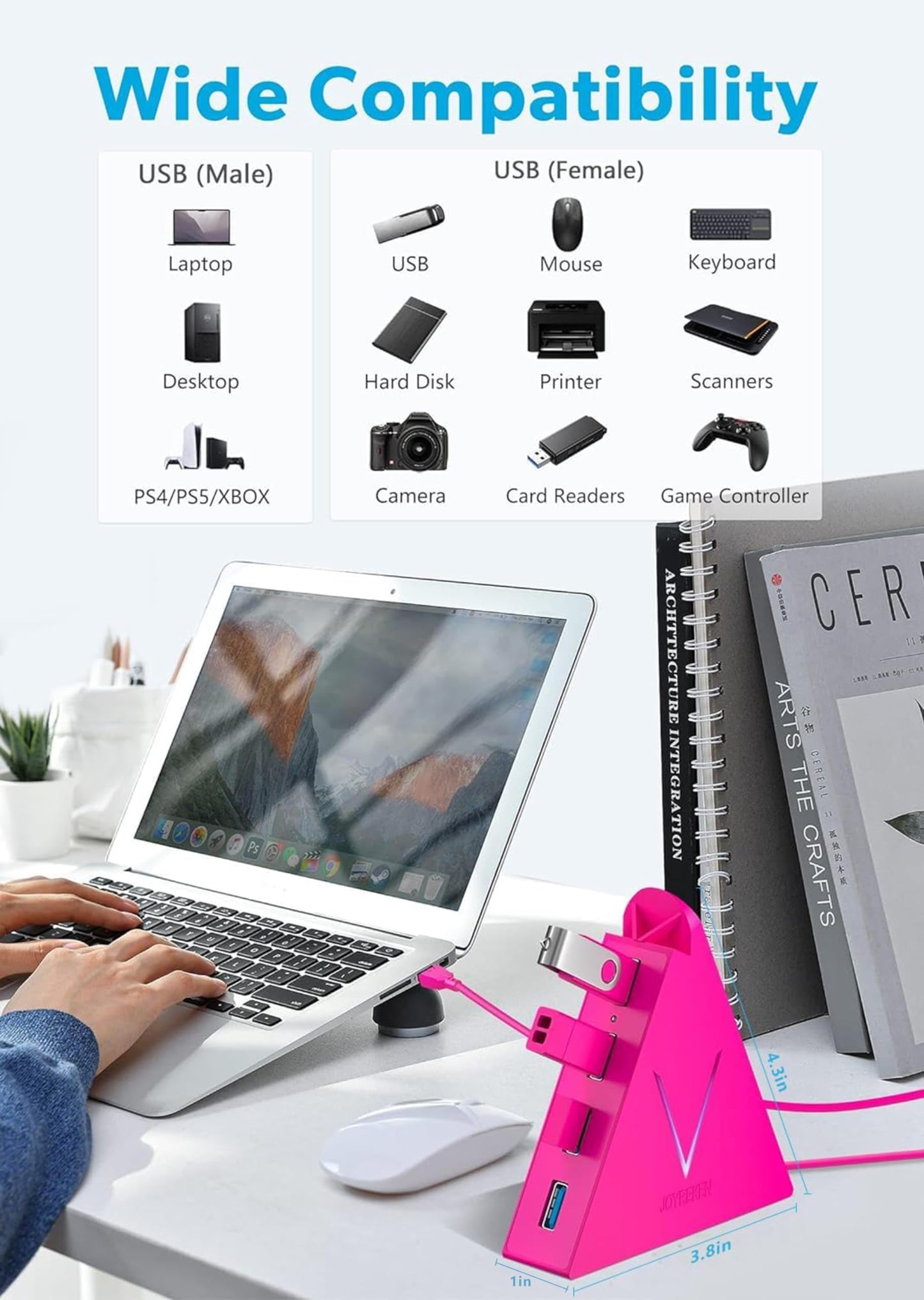 4-Port USB 3.0 Hub, FlyingVHUB Vertical Data USB Hub with 2 ft Extended Cable, for Mac, PC, Xbox One, PS4, PS5, iMac, Surface Pro, XPS, Laptop, Desktop, Flash Drive, Mobile HDD(Pink)