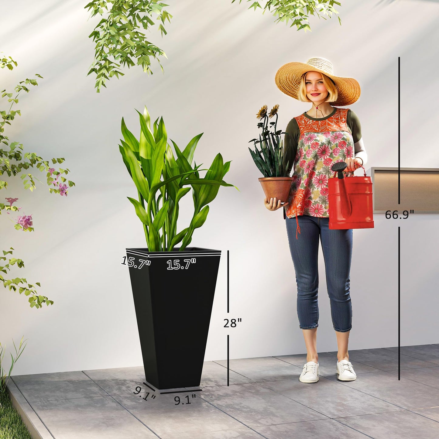 Outsunny Tall Planters for Outdoor Plants Set of 3, 28 in Taper Planters with Drainage Holes, Indoor Grande Plant Pots, Front Porch Decor, Black