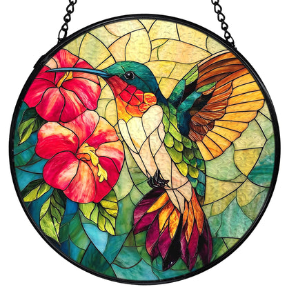 XFCICRLJ Hummingbird Suncatcher Stained Glass Window Hanging, Hummingbird Flower Sun Catchers Indoor Window Glass Wall Art Decor, Bird Wall Hanging Decor Decorations, 7.9x7.9 Inch 038-MH-BLGH