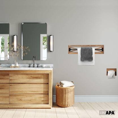 Ilyapa Rustic Towel Bar Toilet Paper Holder Set with Towel Ring for Bathroom- Wall Mounted Racks - Barnwood & Black Metal Bar, Farmhouse Decor