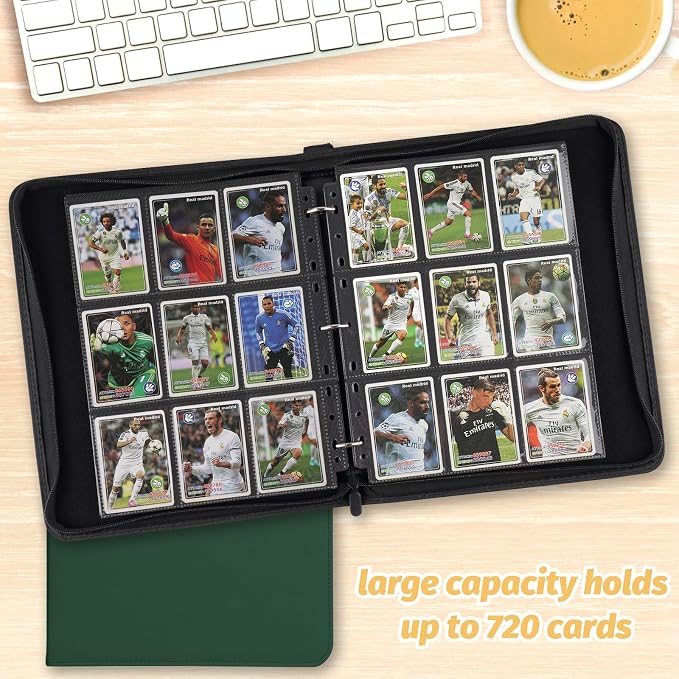 GERMUN 3 Ring 9 Pocket Zipper Card Binder, 720 Double Sided Standard PU Trading Card Album Folder for TCG & Sports Cards, Not Fit Top Loaders (Dark Green)