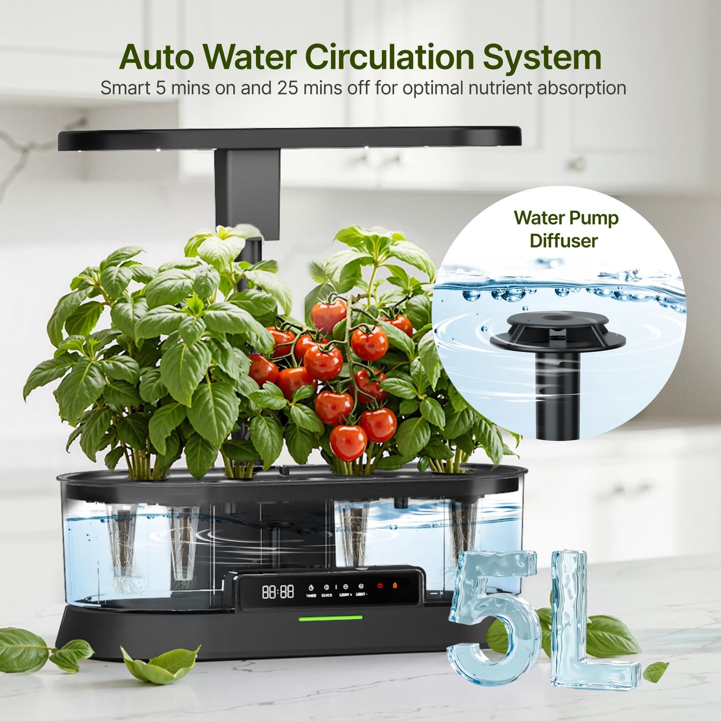 SUNCOZE Hydroponics Growing System Kit with Split Tank, Dimmable 36W Full Spectrum LED Grow Light, 12 Pods Indoor Herb Garden with Timer & Clock Smart Pane, 21.65 Inch Height Adjustable Herb Garden