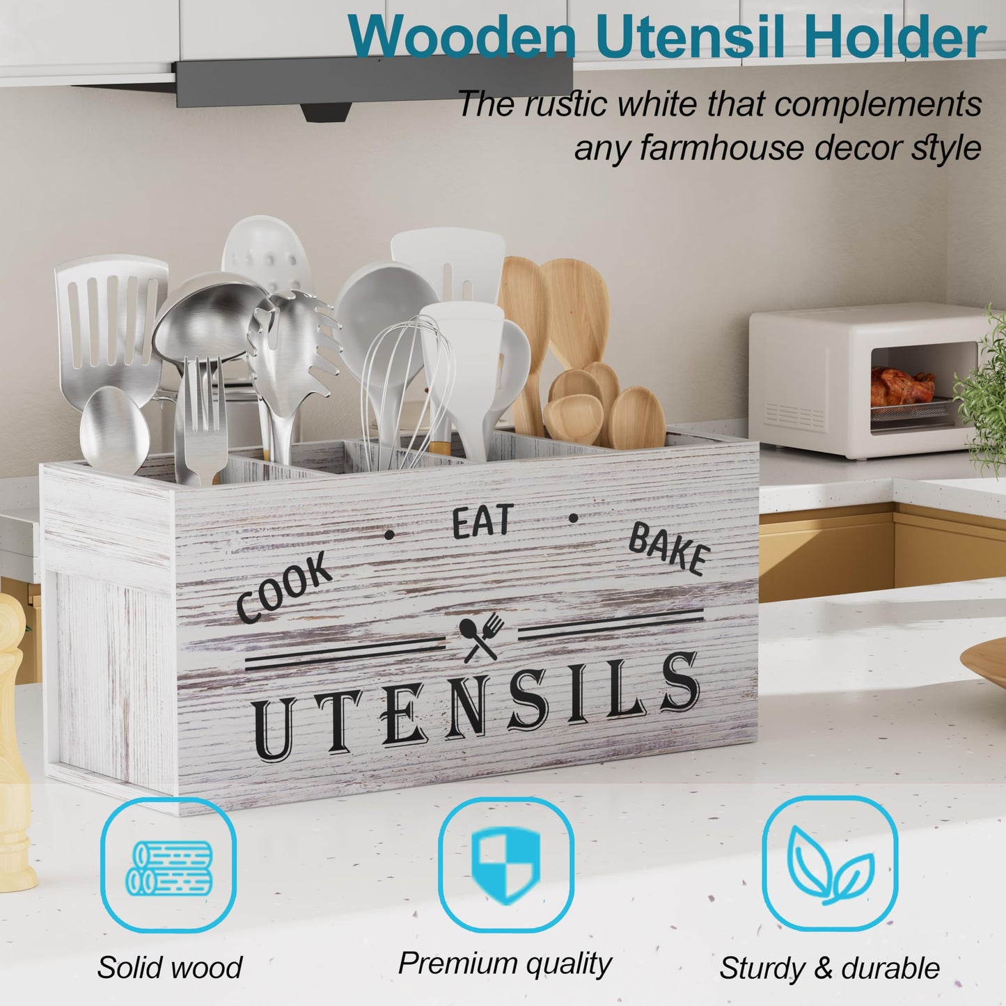 ZUJJAFY Utensil Holder for Kitchen Counter, Large Kitchen Utensil Holder for Countertop with 4 Compartments, Wooden Cooking Utensil Organizer for Spatula Storage, White