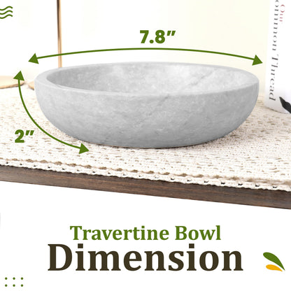 FNTSTICGOODS Travertine Decorative Bowl - 7.8” Diameter & 2” Height - Key Bowl for Entryway Table - Organic Modern Centerpiece - White/Gray