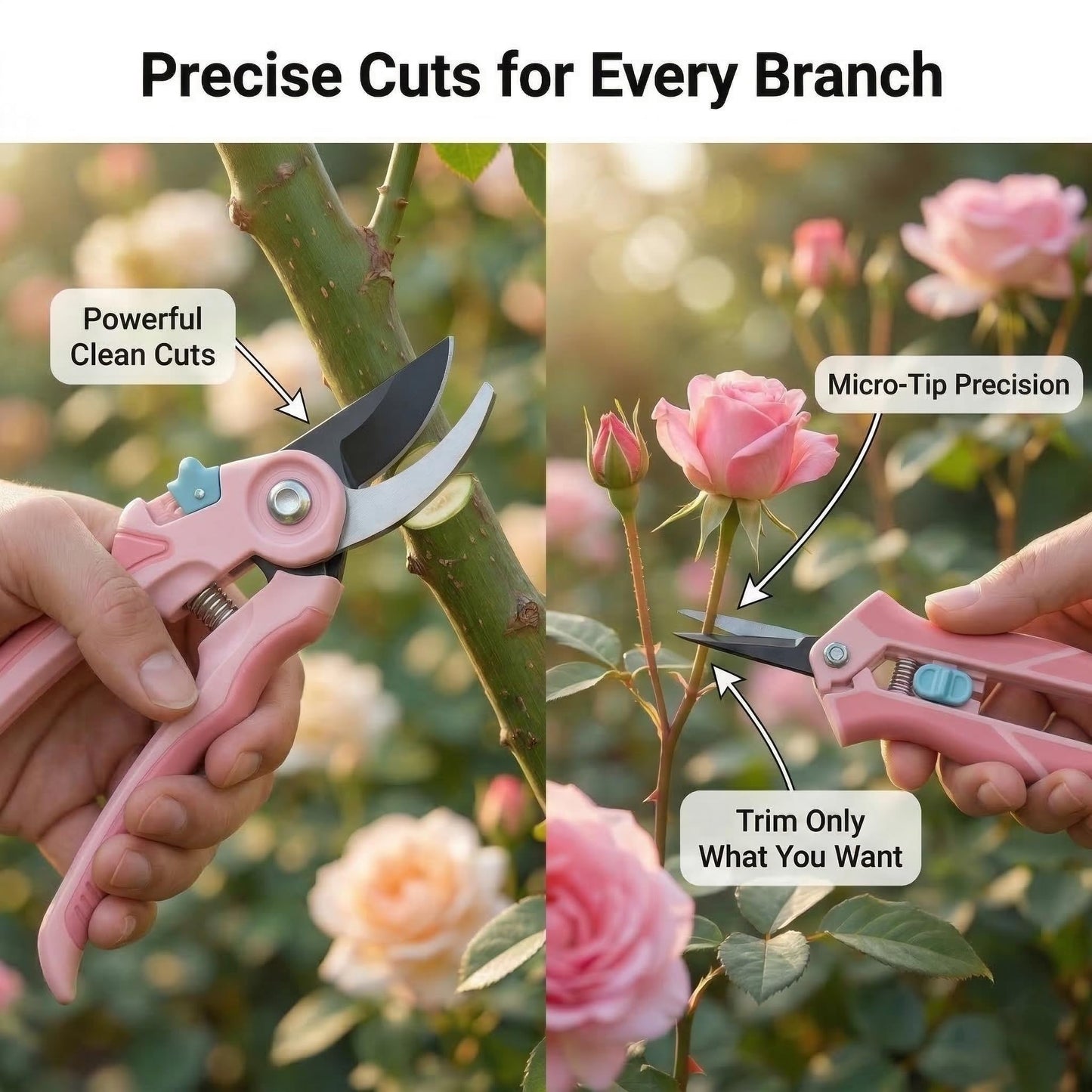 NEXON Garden Pruning Shears 2 Pack, 8" Bypass Hand Pruner & 6.25" Precision Garden Scissors, Professional Garden Clippers for Plants and Flowers Pink