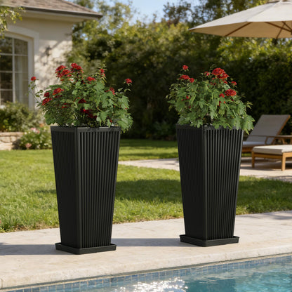 Trygoal Tall Black Planters Outdoor Set of 2-23.6" Modern Tapered Plastic Planters for Outdoor Plants with Drainage Holes/Partition/Tray, Large Indoor Planter for Porch Patio Garden Front Porch