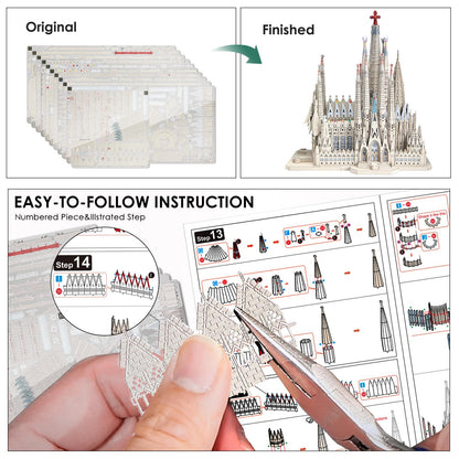 Piececool 3D Metal Puzzles for Adults and Teens, La Sagrada Família Metal Model Kit, Hobby DIY Crafts for Adult Challenge Spanish Cathedral Brain Teaser Architecture Building Kit, 450 Pcs