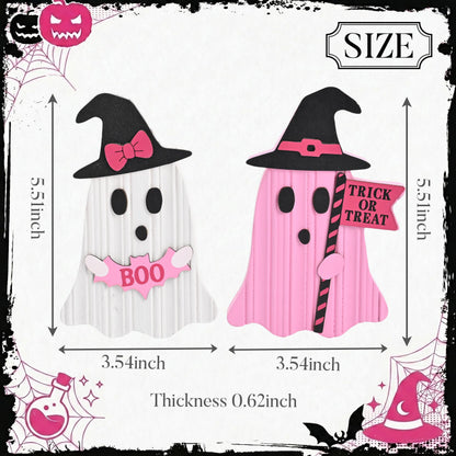 Valery Madelyn Pink Halloween Decorations, Set of 2 Cute Halloween Ghost Decor, Witch Hat Boo & Trick or Treat Wooden Tabletop Signs for Home, Shelf, Tiered Tray Party Display, 5 Inch
