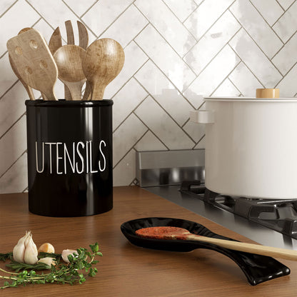 Barnyard Designs Ceramic Farmhouse Kitchen Utensil Holder for Countertop, Decorative Kitchen Utensil Crock for Counter, Spatula Holder, 7" (Black)